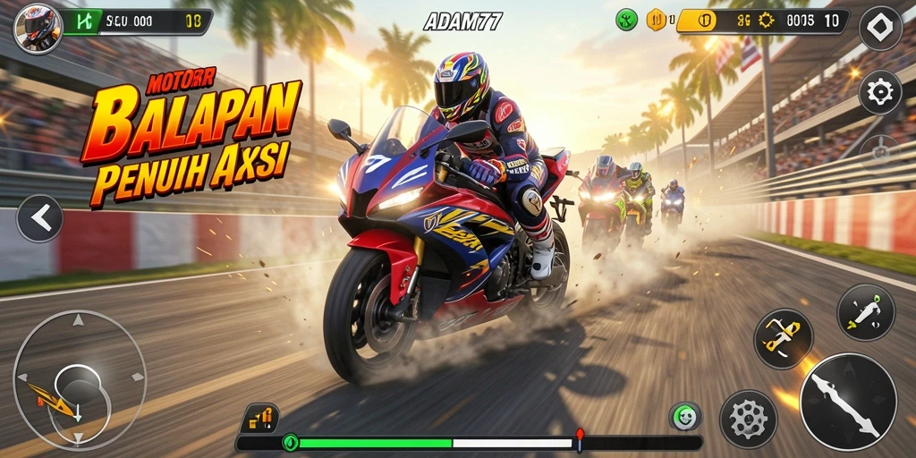 Tampilan gameplay seru balapan motor ADAM77 yang menegangkan.