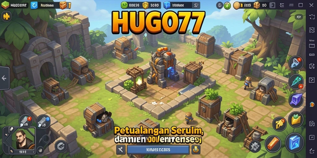 Screenshot gameplay HUGO77 yang menunjukkan menara bertahan melawan gelombang musuh.