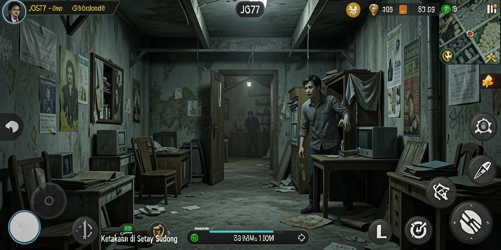 Screenshot gameplay JOS77 menampilkan suasana horror yang mencekam.