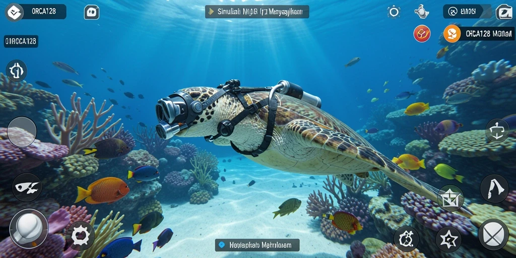Tangkapan layar gameplay ORCA128 menampilkan dunia bawah laut yang menakjubkan.