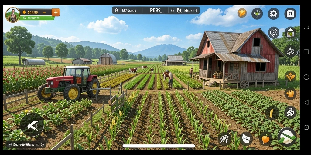 Screenshot gameplay RR89 menampilkan suasana pertanian yang hidup dan interaktif.