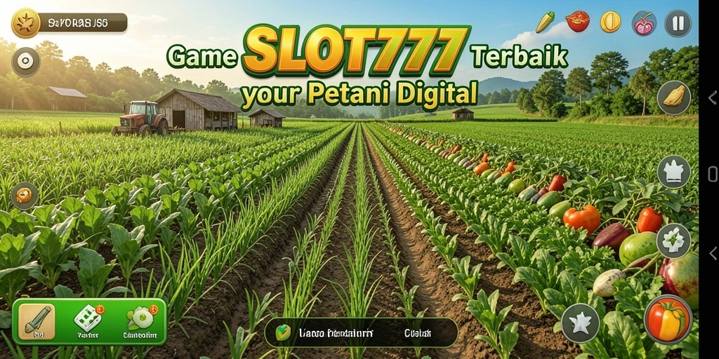 Tampak gameplay SLOT777 yang menampilkan kebun yang subur dan hewan ternak.