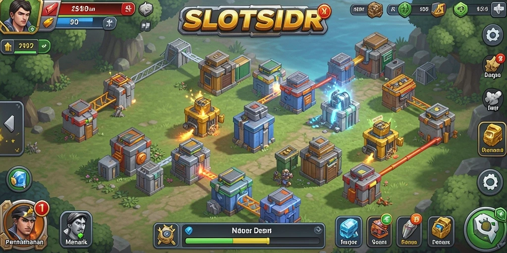 Tampilan gameplay SLOTSIDR yang mendebarkan dengan menara dan musuh.