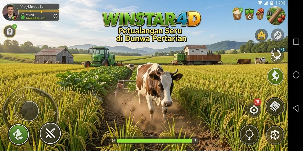 Tangkapan layar gameplay <strong>WINSTAR4D</strong> menunjukkan kesibukan bertani dan panen yang menggembirakan.